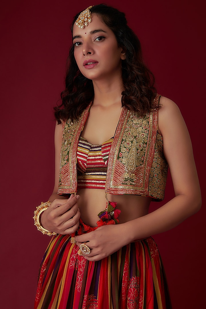 Multi-Colored Cotton Silk Embroidered & Printed Jacket Wedding Lehenga Set by Pooja & Keyur at Pernia's Pop Up Shop