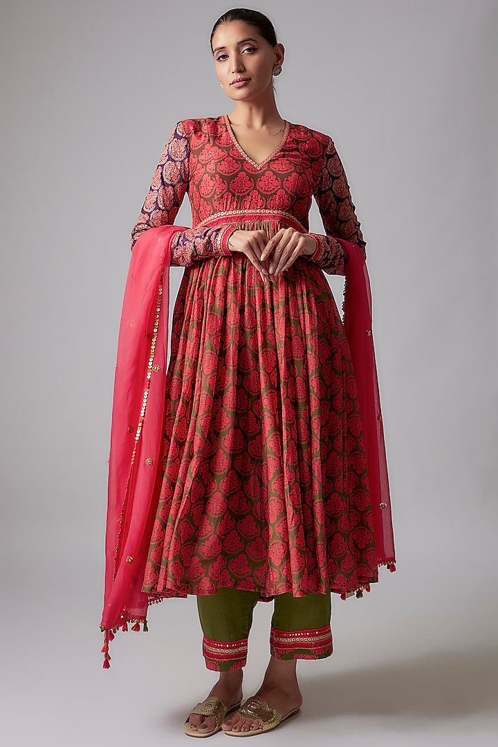 Rani Pink Cotton Silk Printed Anarkali Set by Pooja & Keyur at Pernia's Pop Up Shop