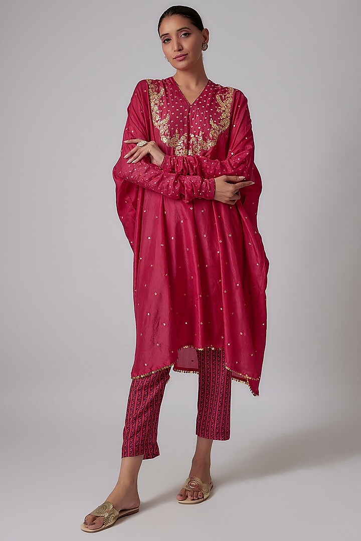 Rani Pink Cotton Silk Embroidered Kaftan Set by Pooja & Keyur