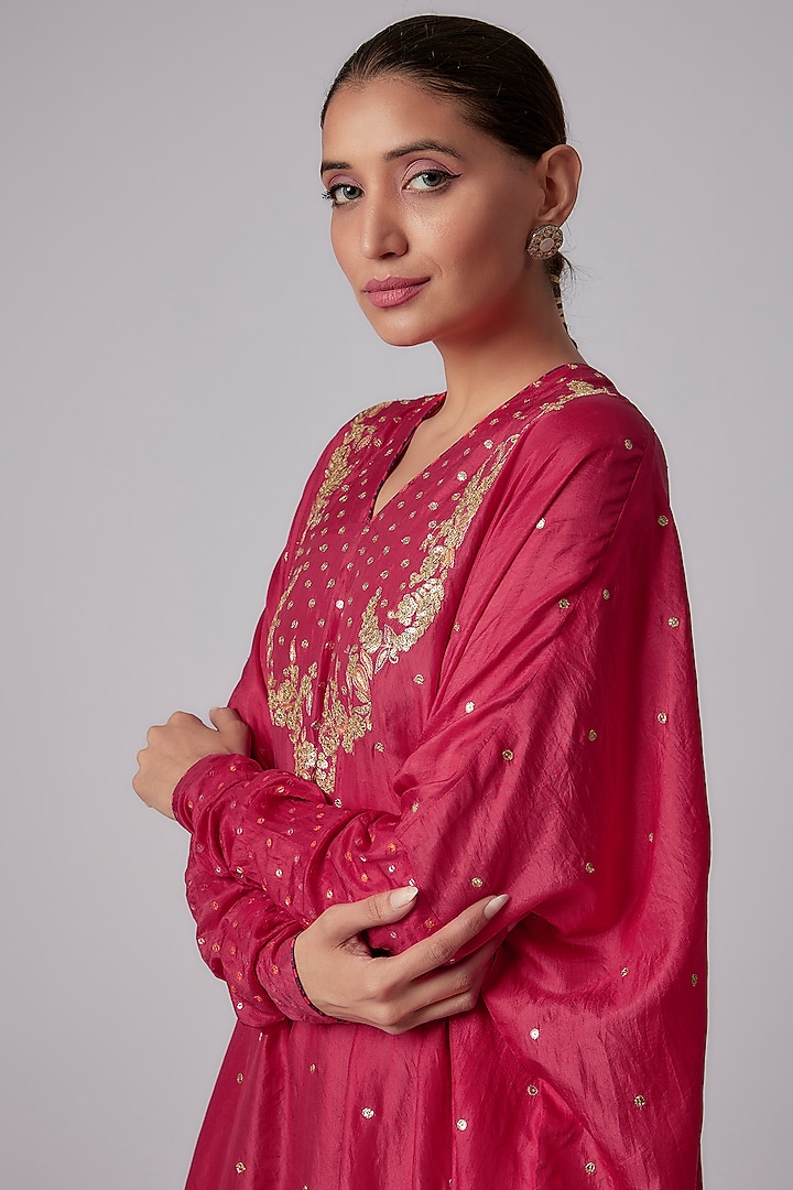 Rani Pink Cotton Silk Embroidered Kaftan Set by Pooja & Keyur at Pernia's Pop Up Shop