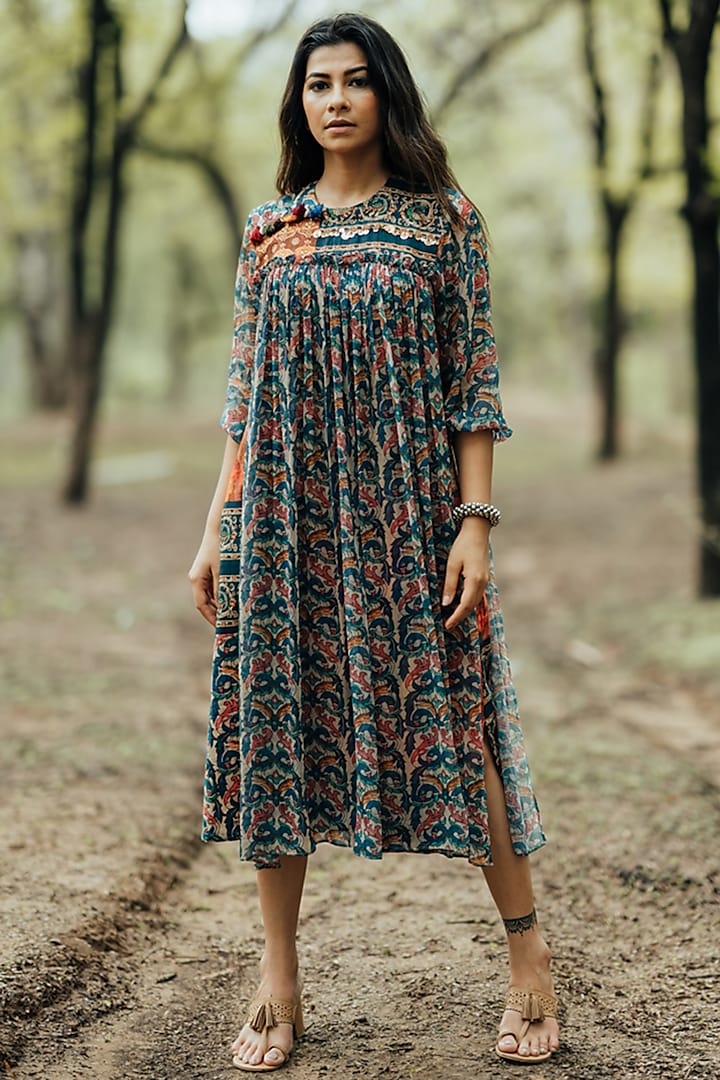 Teal Printed Layered Dress by Pooja & Keyur