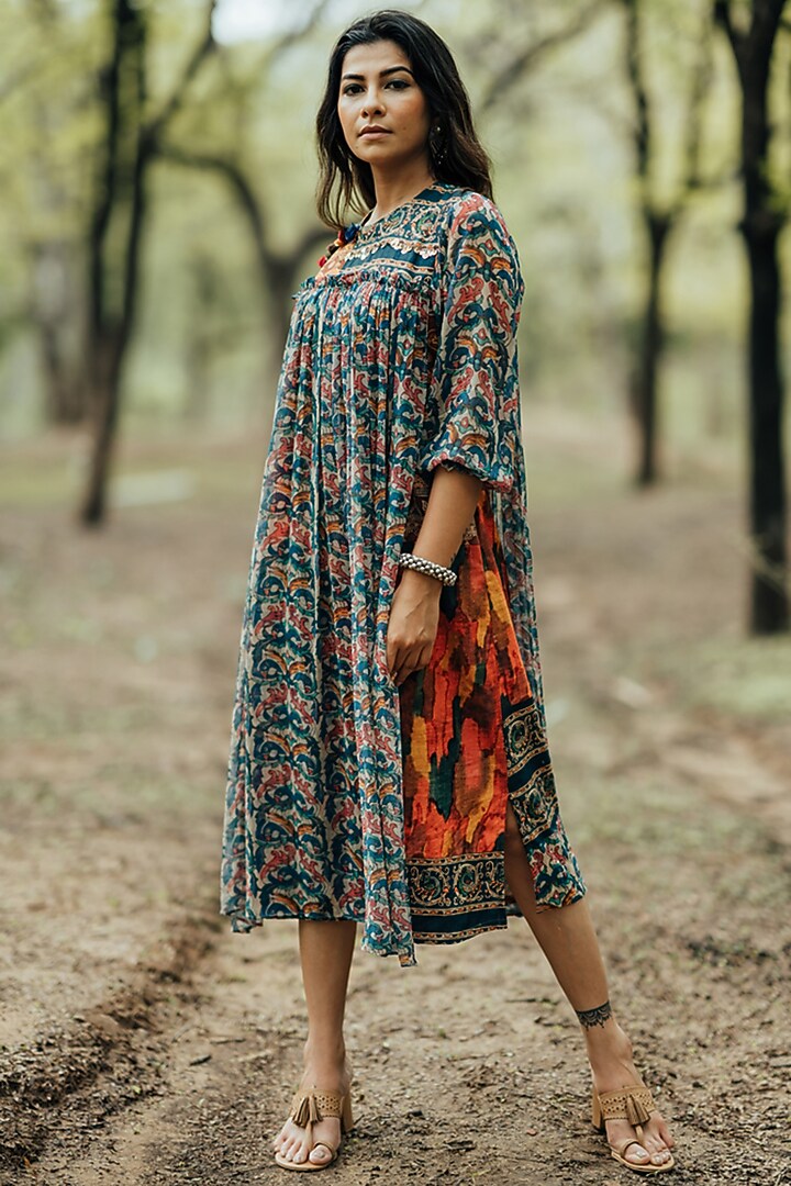 Teal Printed Layered Summer Dress by Pooja & Keyur at Pernia's Pop Up Shop