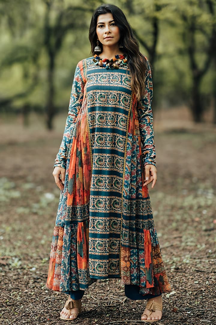 Teal Printed Anarkali Set by Pooja & Keyur at Pernia's Pop Up Shop