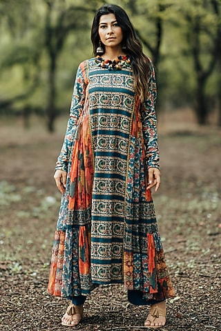 Teal Printed Anarkali Set by Pooja & Keyur