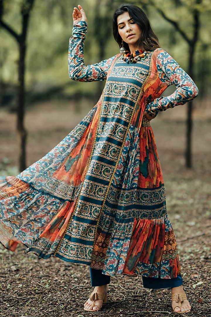 Teal Printed Party Wear Anarkali Set by Pooja & Keyur at Pernia's Pop Up Shop