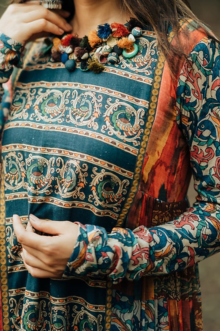 Teal Printed Party Wear Anarkali Set by Pooja & Keyur at Pernia's Pop Up Shop