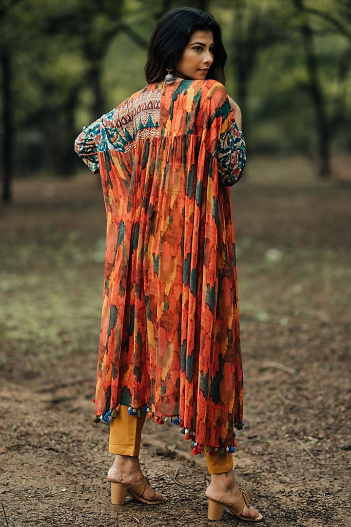 Orange Printed Party Wear Anarkali Set by Pooja & Keyur at Pernia's Pop Up Shop