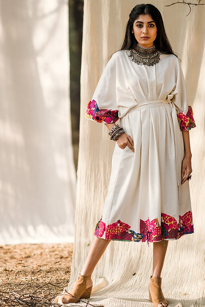 White Embroidered Khadi Dress by Pooja & Keyur