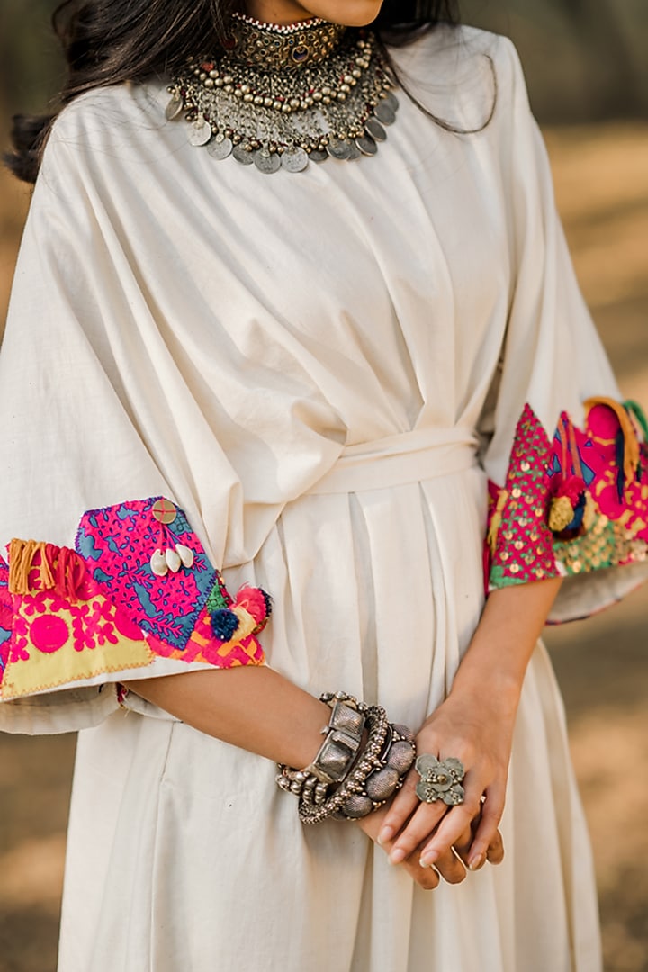 White Embroidered Khadi Vacation Dress by Pooja & Keyur at Pernia's Pop Up Shop