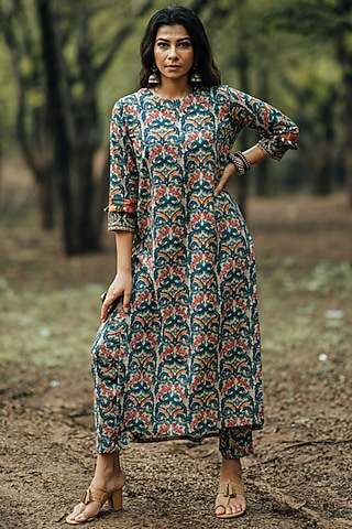 Teal Printed Khadi Kurta Set by Pooja & Keyur