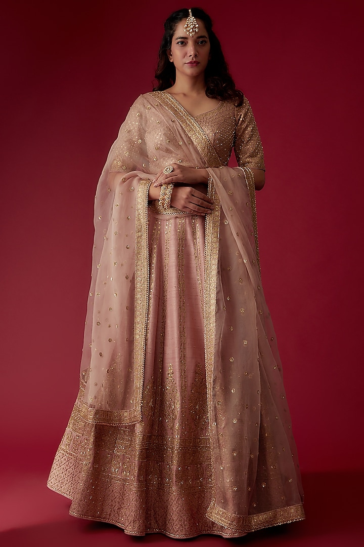 Blush Pink Raw Silk Embroidered Lehenga Set by Pooja & Keyur