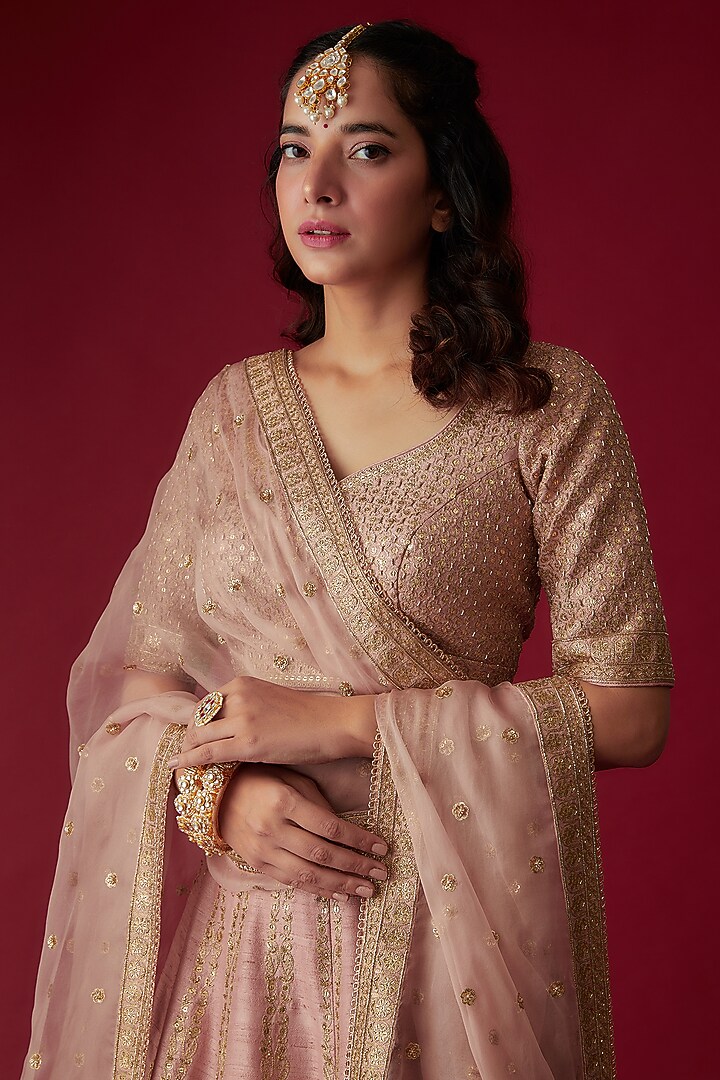 Blush Pink Raw Silk Embroidered Bridal Lehenga Set by Pooja & Keyur at Pernia's Pop Up Shop