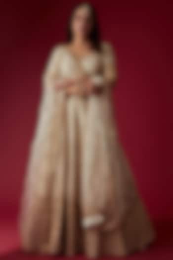 Off-White Raw Silk Embroidered Bridal Lehenga Set by Pooja & Keyur at Pernia's Pop Up Shop