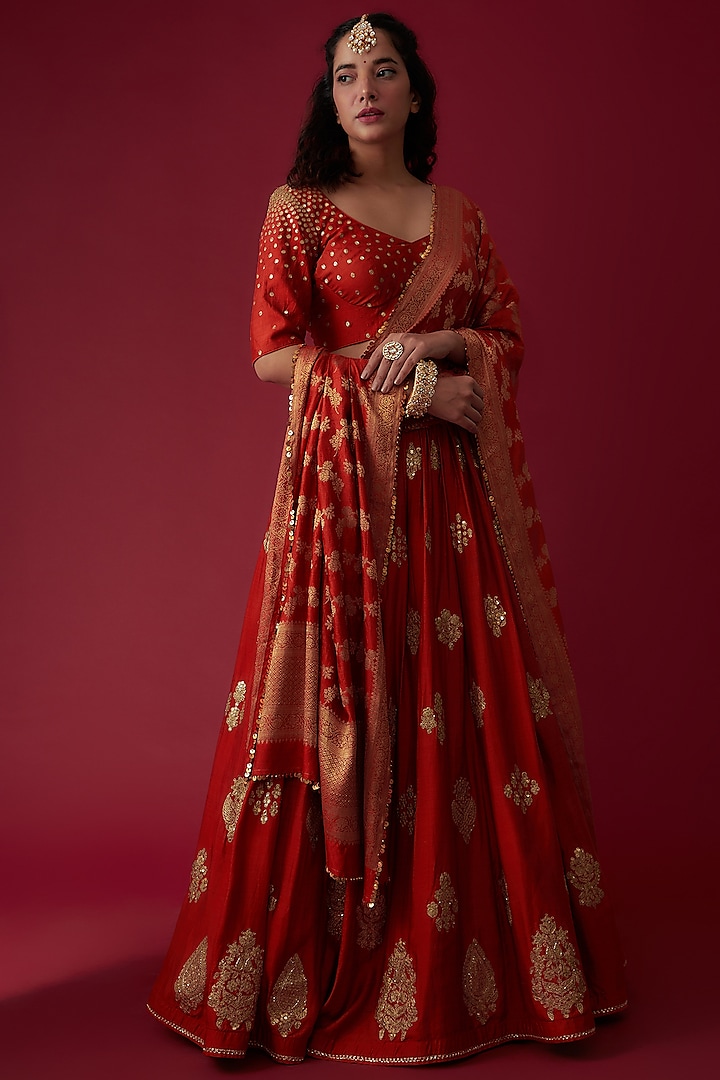 Rust Silk Embroidered Lehenga Set by Pooja & Keyur