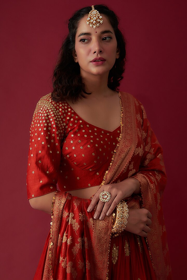 Rust Silk Embroidered Bridal Lehenga Set by Pooja & Keyur at Pernia's Pop Up Shop