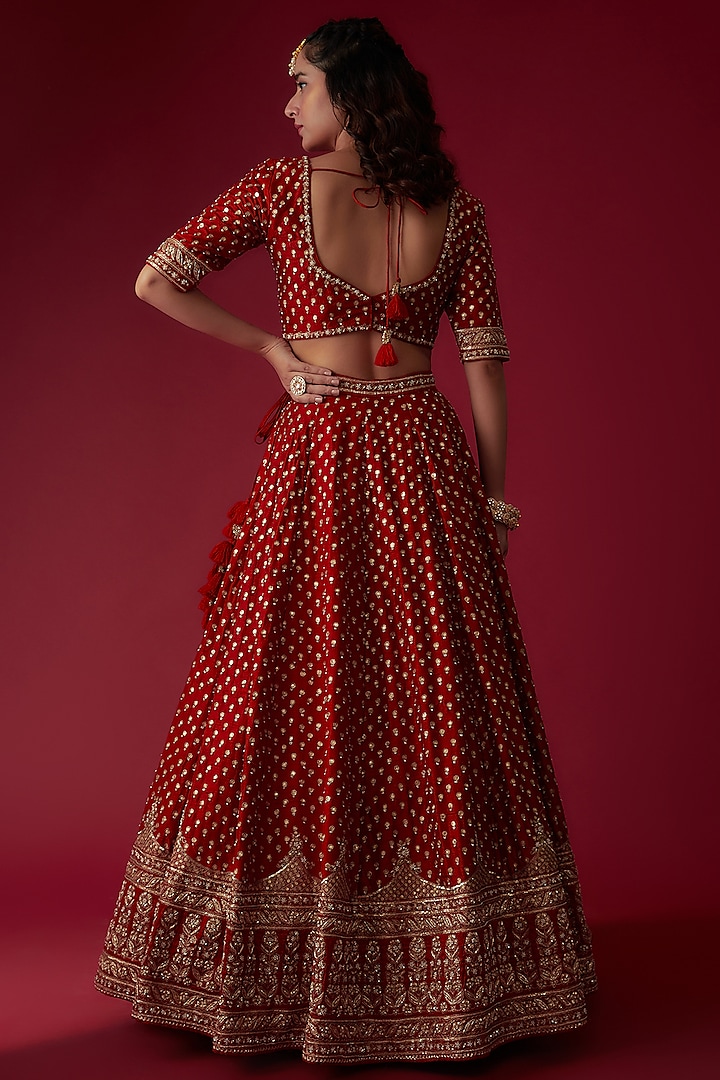 Red Raw Silk Embroidered Bridal Lehenga Set by Pooja & Keyur at Pernia's Pop Up Shop