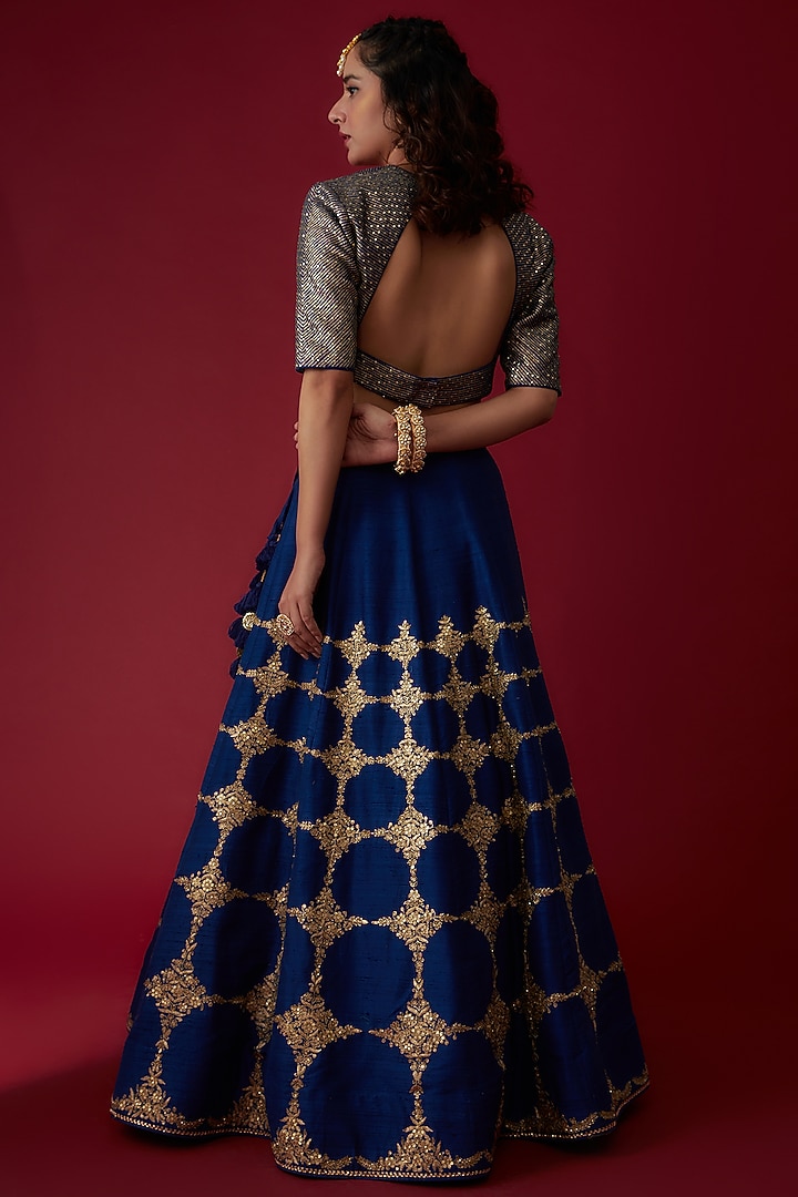 Navy Blue Raw Silk Embroidered Bridal Lehenga Set by Pooja & Keyur at Pernia's Pop Up Shop