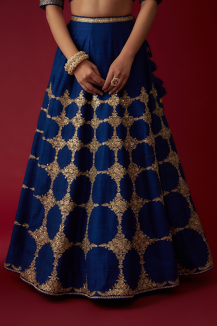 Navy Blue Raw Silk Embroidered Bridal Lehenga Set by Pooja & Keyur at Pernia's Pop Up Shop