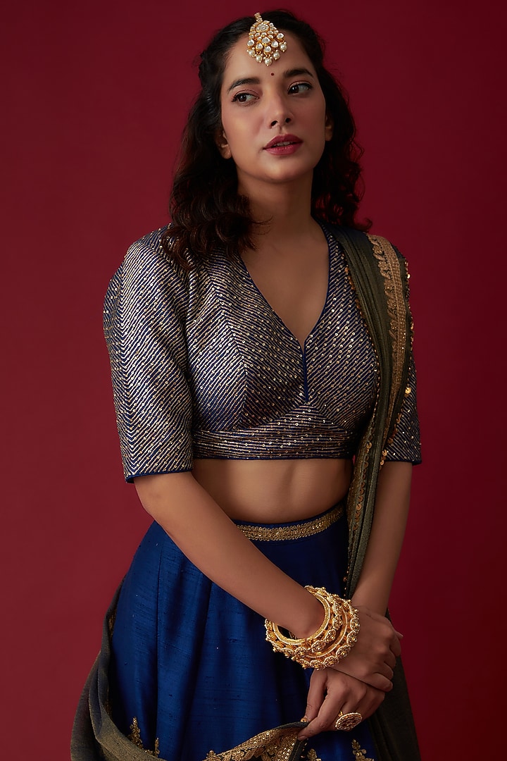 Navy Blue Raw Silk Embroidered Bridal Lehenga Set by Pooja & Keyur at Pernia's Pop Up Shop