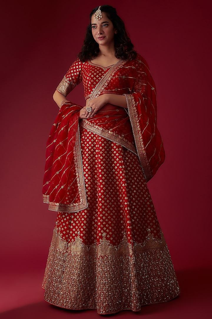 Red Raw Silk Embroidered Lehenga Set by Pooja & Keyur