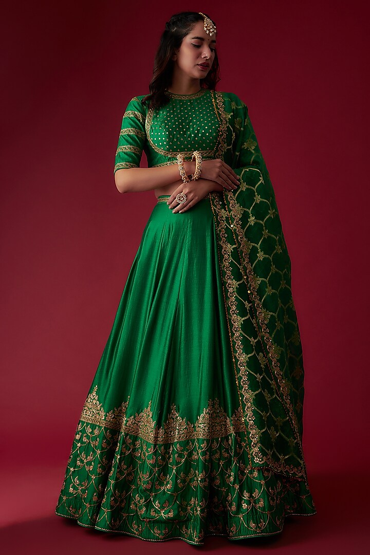 Green Silk Embroidered Lehenga Set by Pooja & Keyur