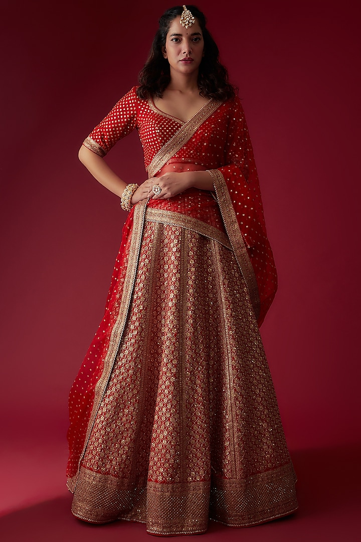 Red Raw Silk Embroidered Lehenga Set by Pooja & Keyur
