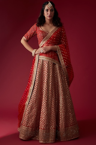 Red Raw Silk Embroidered Lehenga Set by Pooja & Keyur