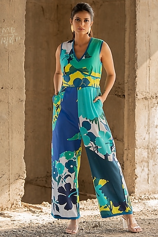 Blue Cotton Satin Jumpsuit by Pooja & Keyur