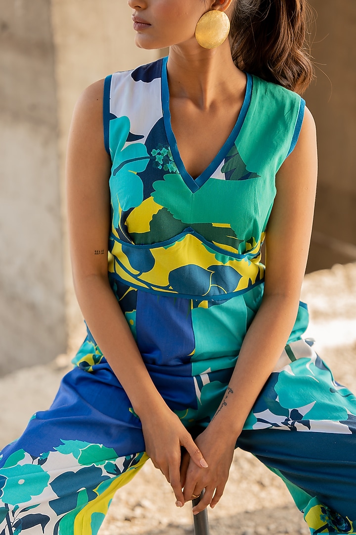 Blue Cotton Satin Jumpsuit by Pooja & Keyur at Pernia's Pop Up Shop