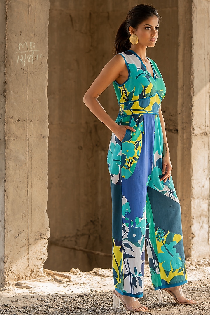 Blue Cotton Satin Jumpsuit by Pooja & Keyur at Pernia's Pop Up Shop