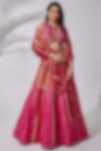 Pink Raw Silk Embroidered Lehenga Set by Pooja & Keyur