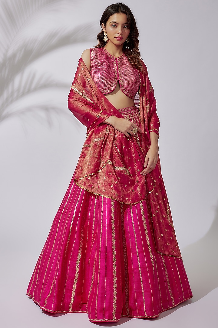 Pink Raw Silk Embroidered Lehenga Set by Pooja & Keyur