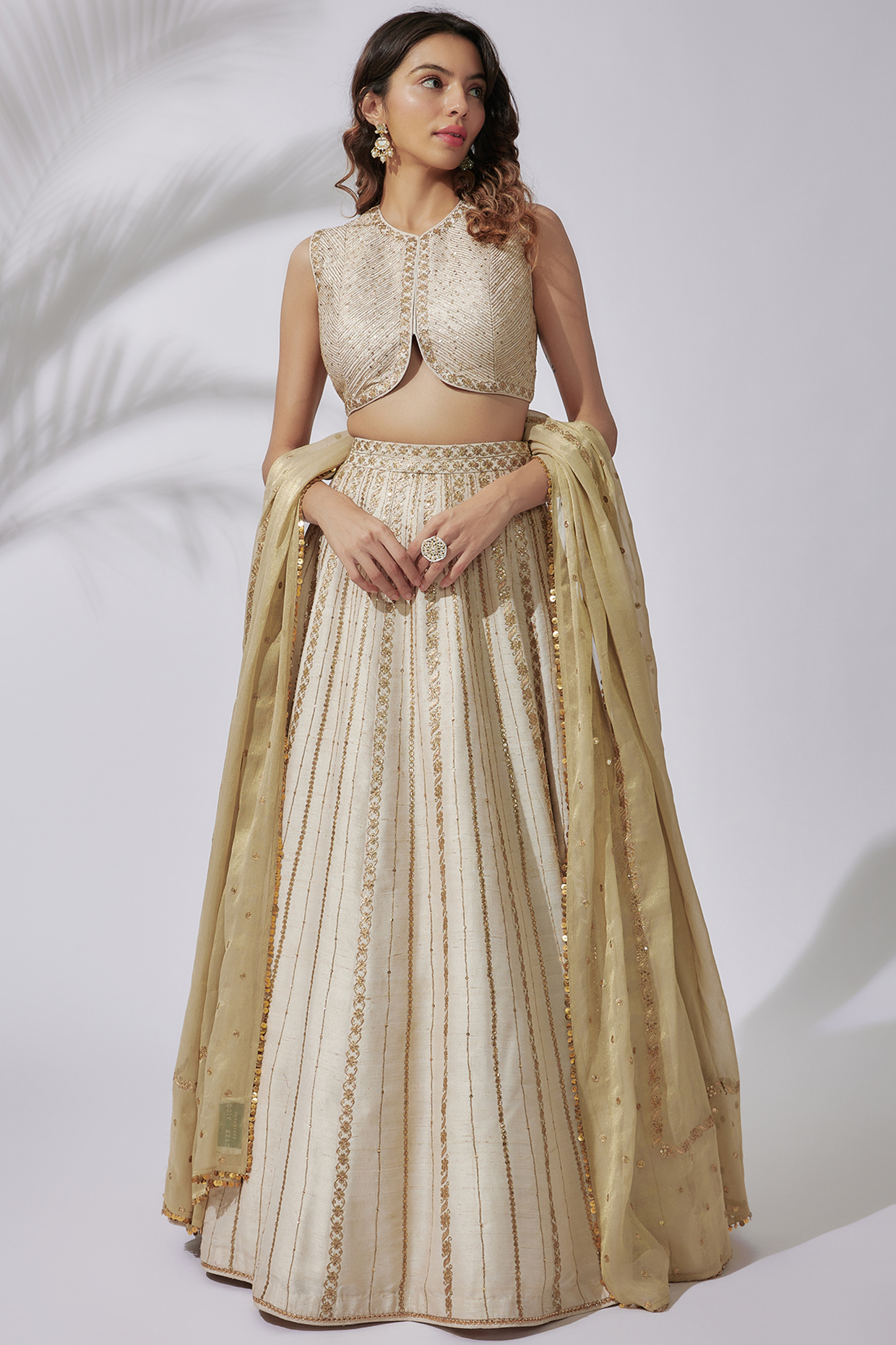 White Raw Silk Embroidered Lehenga Set by Pooja & Keyur