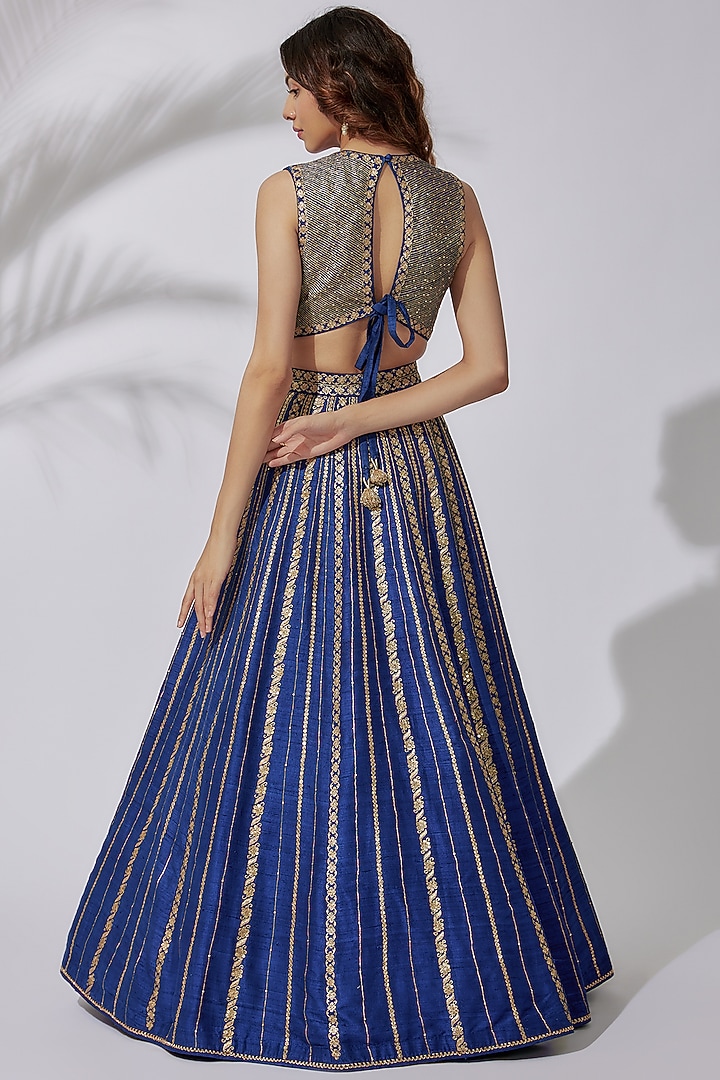 Blue Raw Silk Embroidered Bridal Lehenga Set by Pooja & Keyur at Pernia's Pop Up Shop