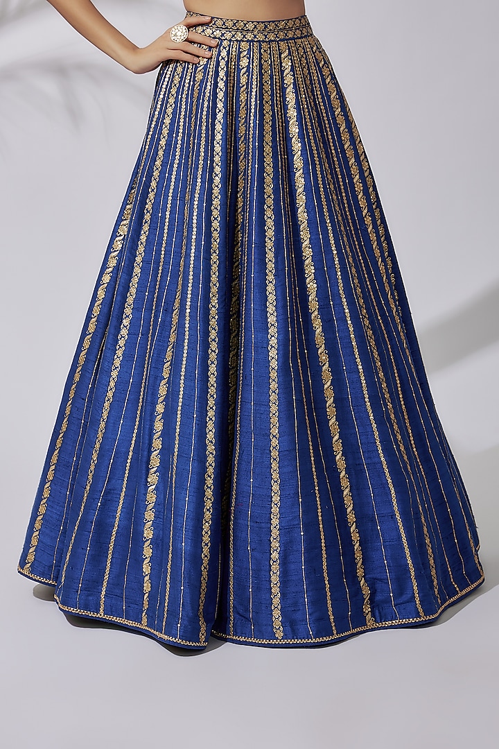 Blue Raw Silk Embroidered Bridal Lehenga Set by Pooja & Keyur at Pernia's Pop Up Shop