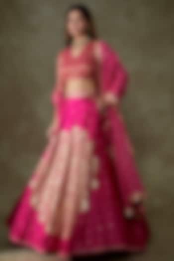 Pink Silk Embroidered Lehenga Set by Pooja & Keyur