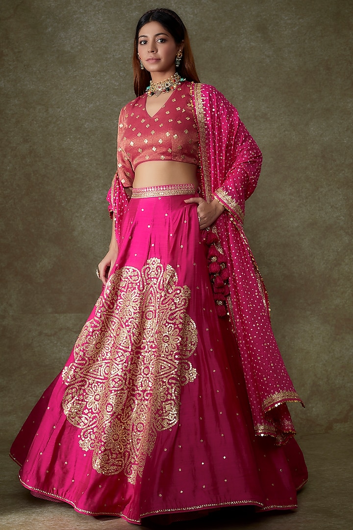 Pink Silk Embroidered Lehenga Set by Pooja & Keyur