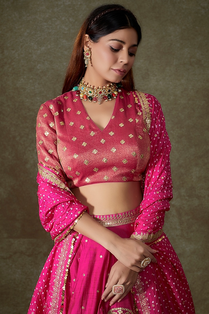 Pink Silk Embroidered Bridal Lehenga Set by Pooja & Keyur at Pernia's Pop Up Shop