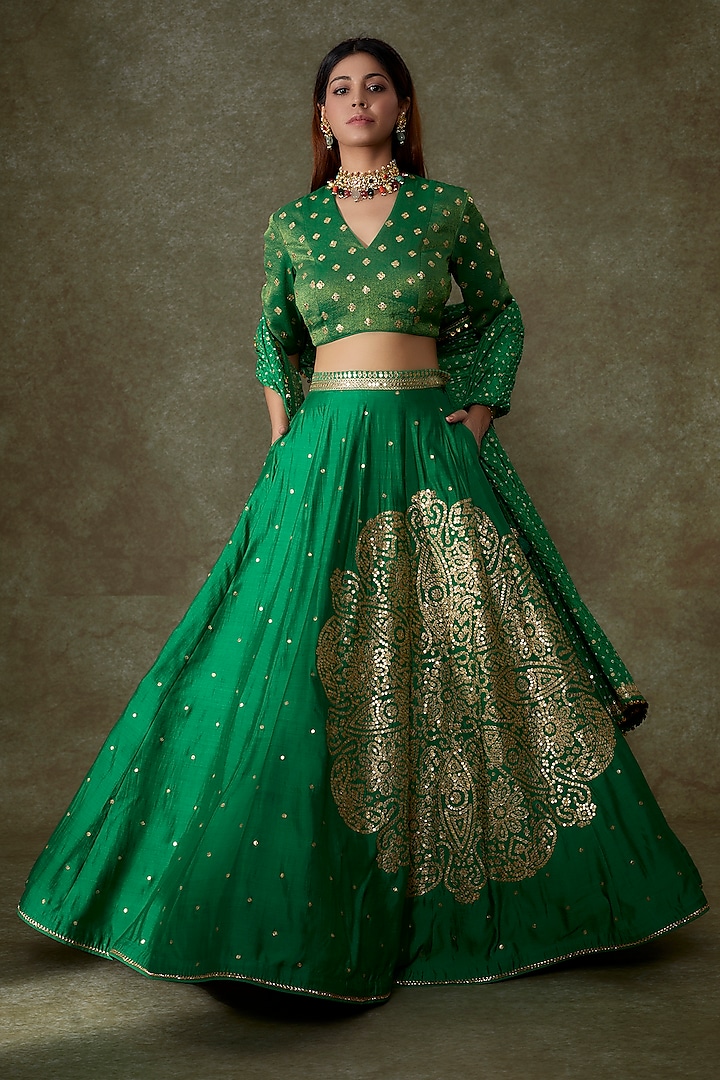 Green Silk Embroidered Lehenga Set by Pooja & Keyur