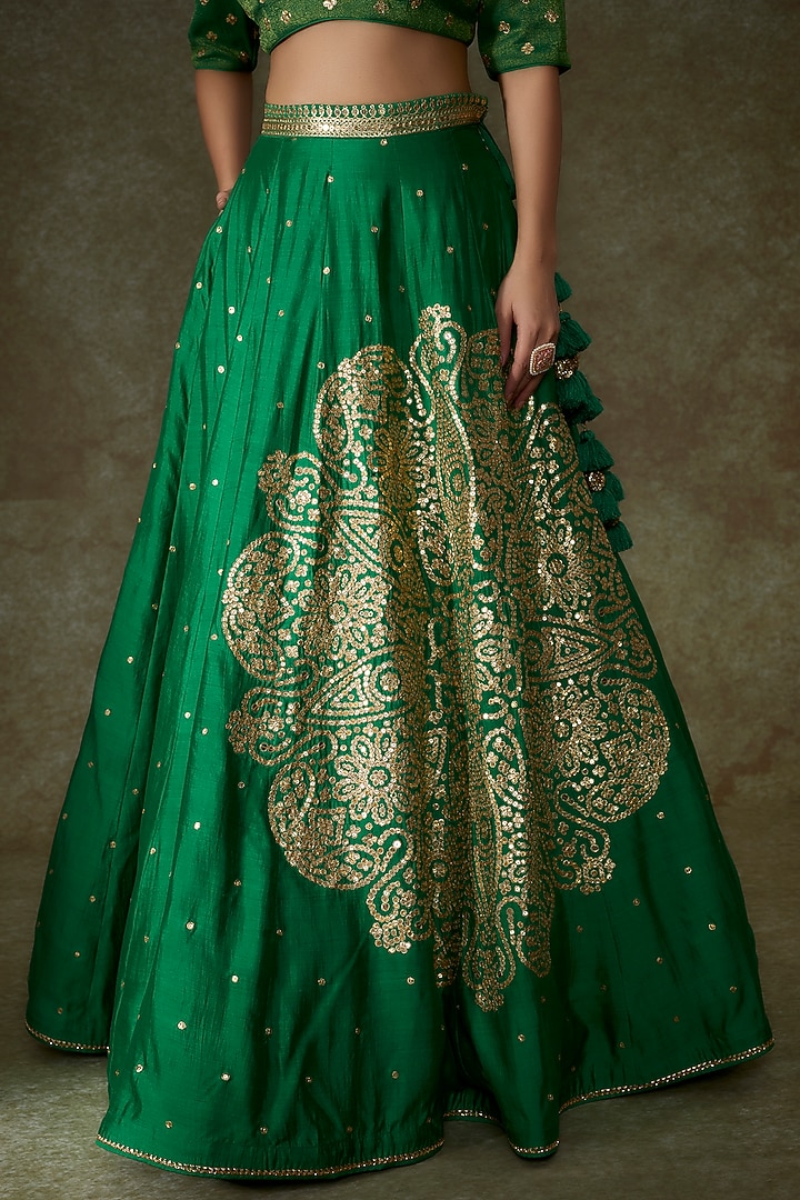 Green Silk Embroidered Bridal Lehenga Set by Pooja & Keyur at Pernia's Pop Up Shop