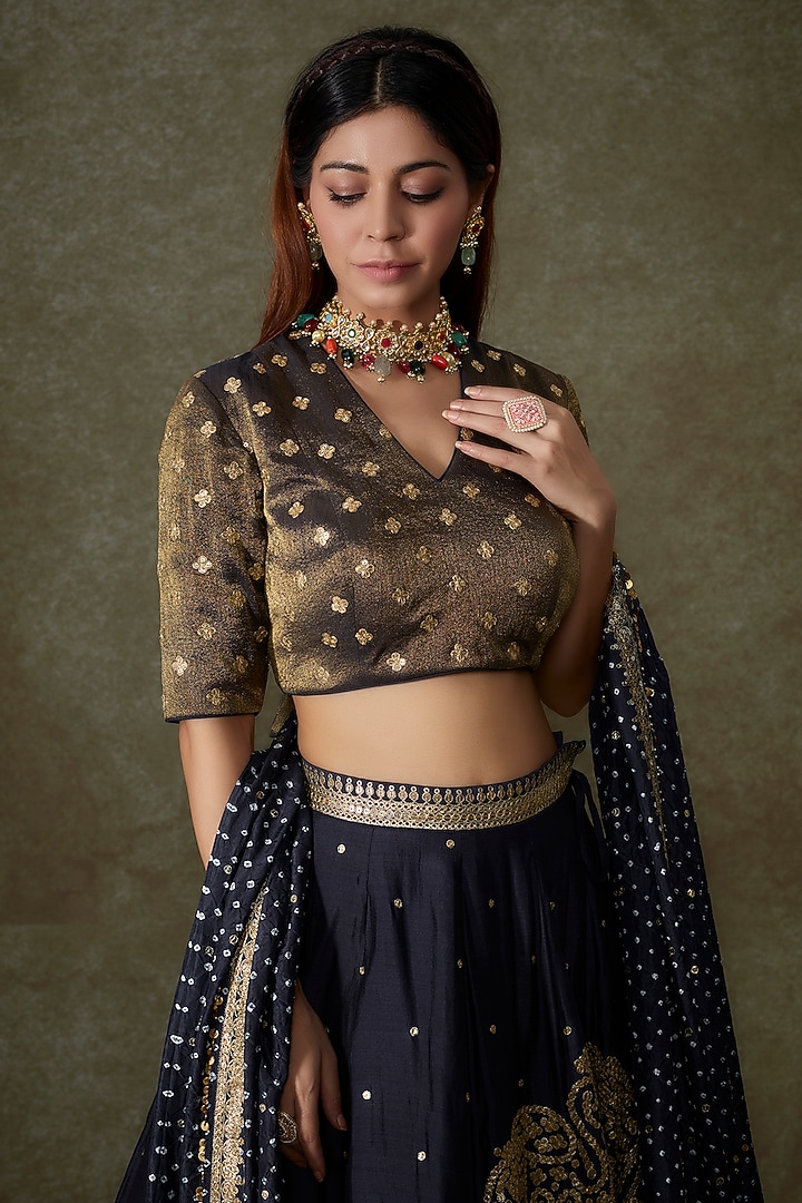 Blue Silk Embroidered Bridal Lehenga Set by Pooja & Keyur at Pernia's Pop Up Shop