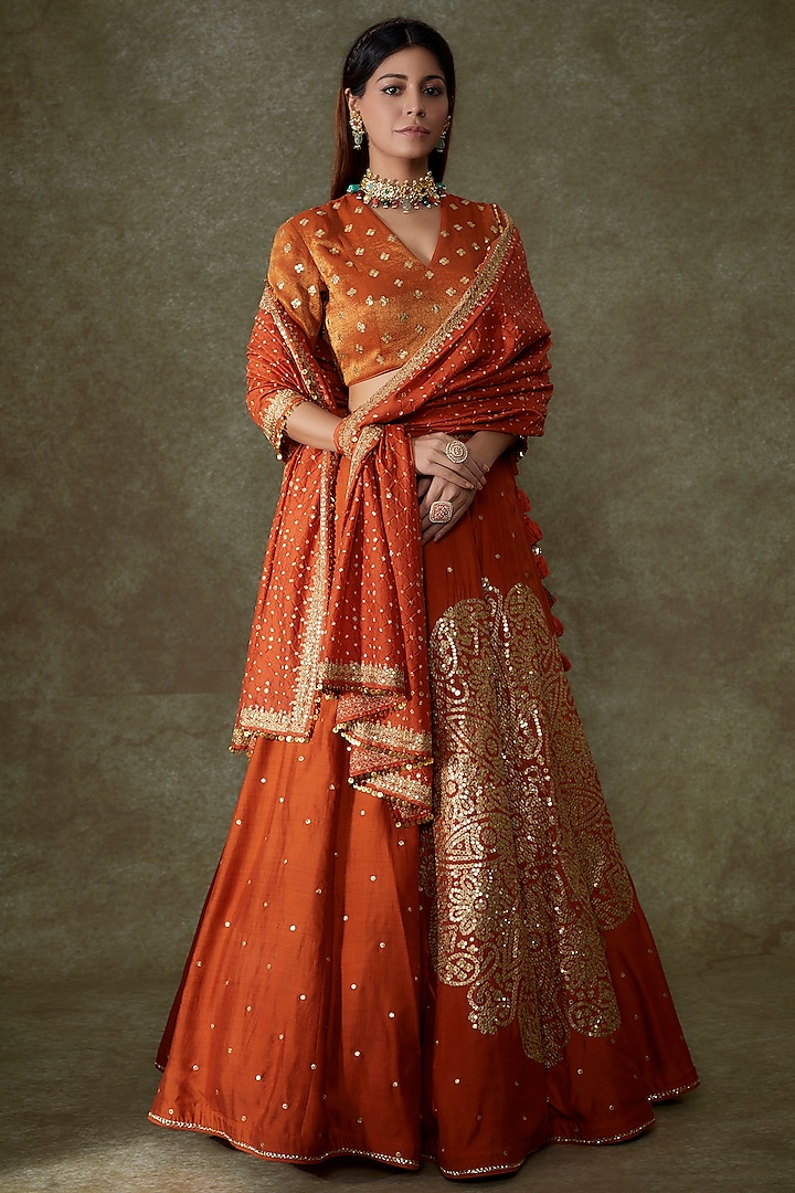 Orange Silk Embroidered Lehenga Set by Pooja & Keyur