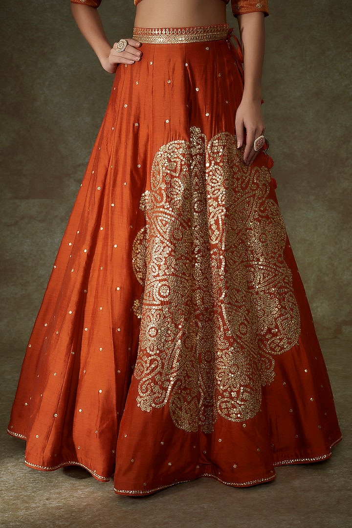 Orange Silk Embroidered Bridal Lehenga Set by Pooja & Keyur at Pernia's Pop Up Shop