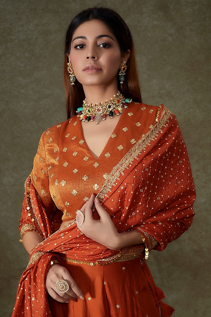 Orange Silk Embroidered Bridal Lehenga Set by Pooja & Keyur at Pernia's Pop Up Shop