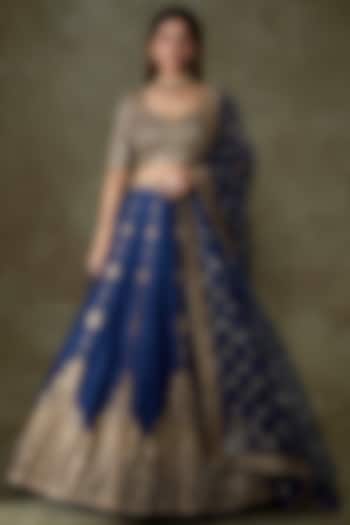 Blue Raw Silk Embroidered Bridal Lehenga Set by Pooja & Keyur at Pernia's Pop Up Shop