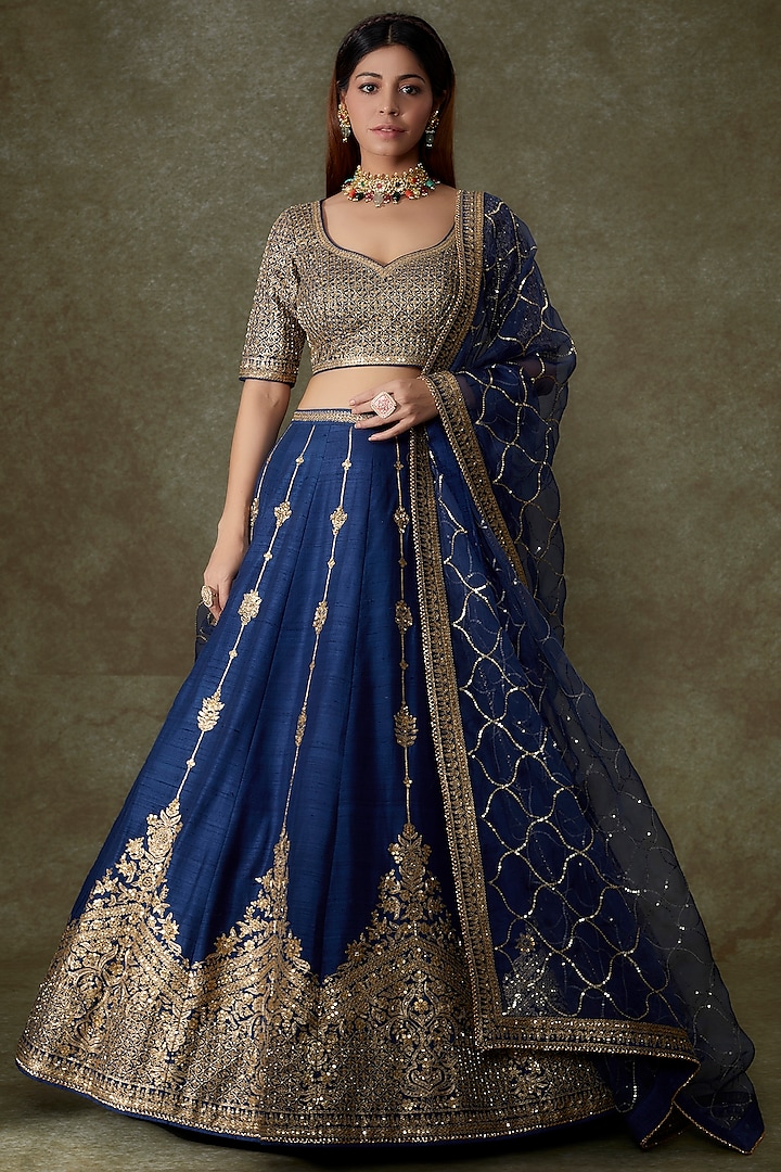 Blue Raw Silk Embroidered Bridal Lehenga Set by Pooja & Keyur at Pernia's Pop Up Shop