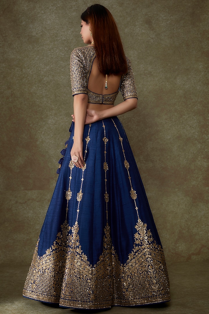 Blue Raw Silk Embroidered Bridal Lehenga Set by Pooja & Keyur at Pernia's Pop Up Shop