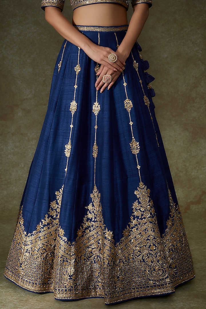 Blue Raw Silk Embroidered Bridal Lehenga Set by Pooja & Keyur at Pernia's Pop Up Shop