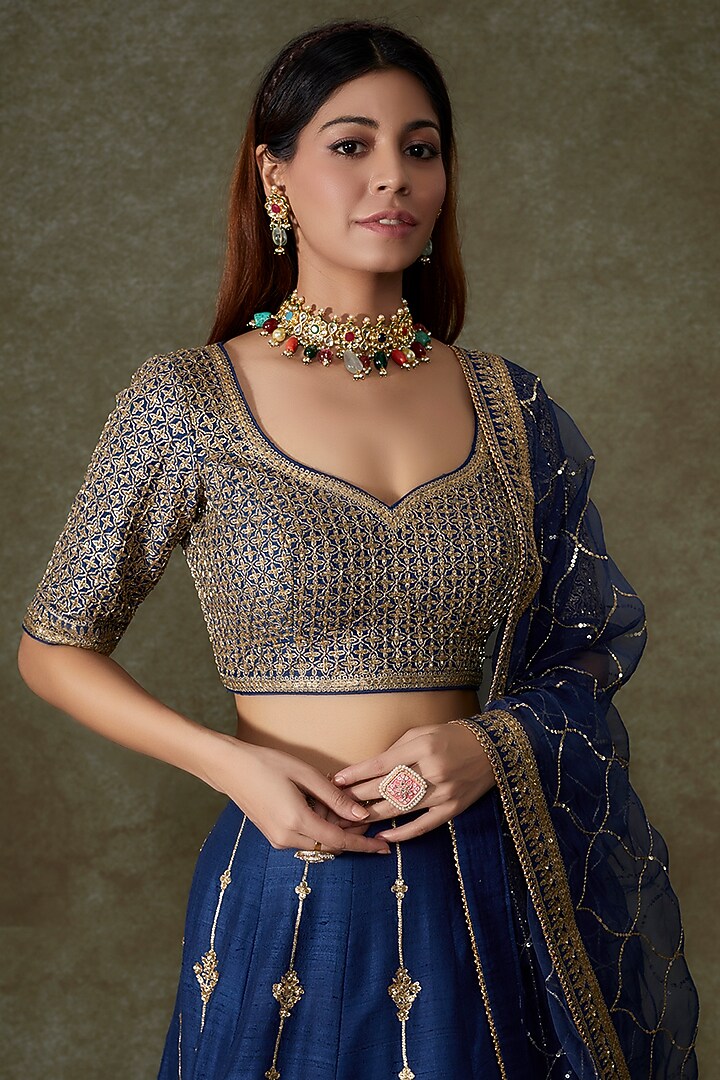 Blue Raw Silk Embroidered Bridal Lehenga Set by Pooja & Keyur at Pernia's Pop Up Shop