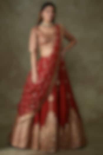 Red Raw Silk Embroidered Bridal Lehenga Set by Pooja & Keyur at Pernia's Pop Up Shop